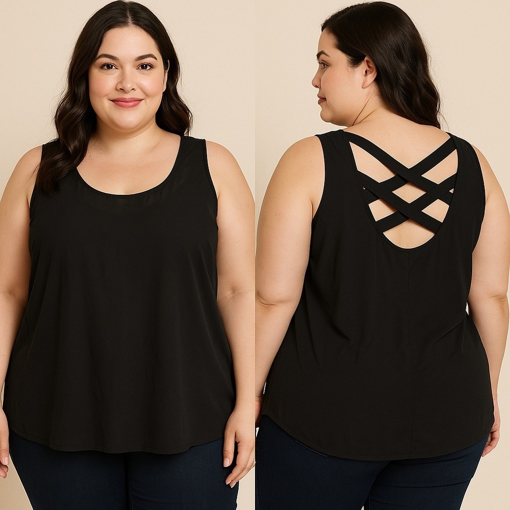 Zenobia Black Sleeveless Chiffon Crisscross Back Tank Top 1X NWT